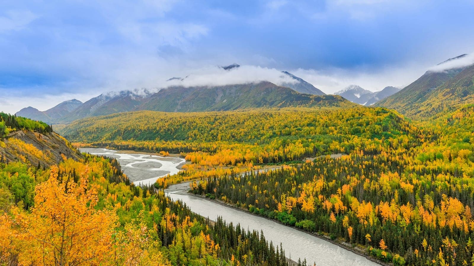 Alaska fall mountains with river